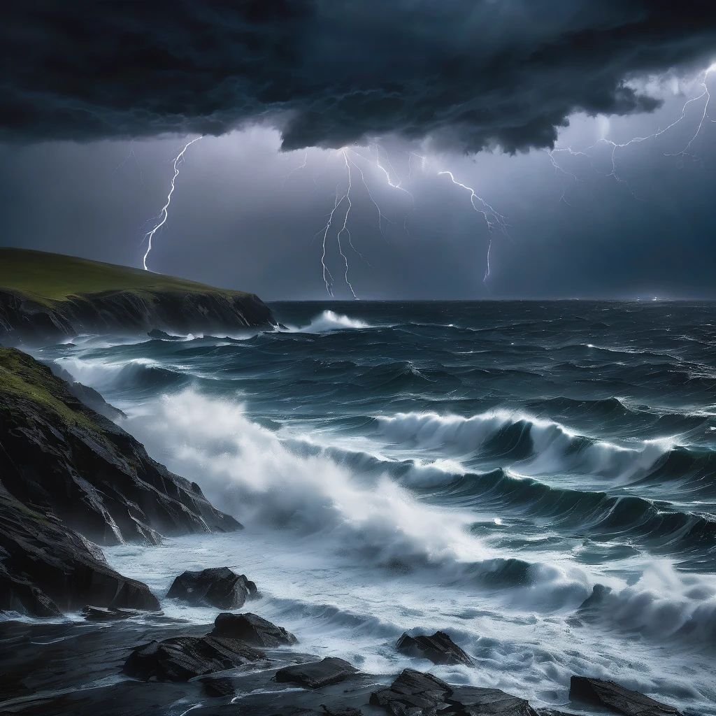 Create a dramatic stormy sea scene with tents included. The image should depict a tumultuous ocean with massive, crashing waves and high, dark storm clouds. Add a rugged, windswept beach where several tents are pitched, struggling against the fierce storm. The tents should appear battered by the wind and rain, with their fabric flapping and partially torn. Incorporate flashes of lightning illuminating the stormy sky and the churning water. Use deep, moody colors like dark blues, grays, and blacks, with bright flashes of white for the lightning and waves. The overall atmosphere should convey the raw, powerful energy of a fierce storm and the struggle of the tents against nature."