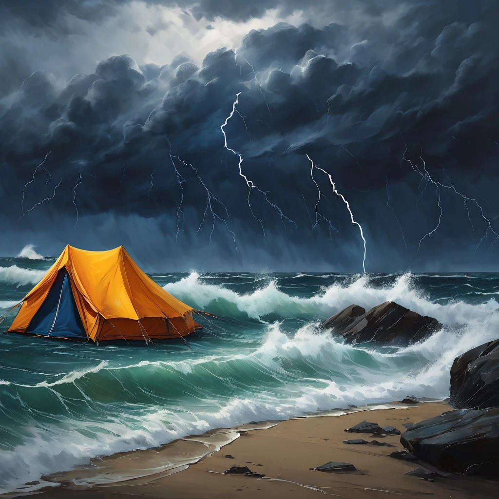 Create a dramatic stormy sea scene with tents included. The image should depict a tumultuous ocean with massive, crashing waves and high, dark storm clouds. Add a rugged, windswept beach where several tents are pitched, struggling against the fierce storm. The tents should appear battered by the wind and rain, with their fabric flapping and partially torn. Incorporate flashes of lightning illuminating the stormy sky and the churning water. Use deep, moody colors like dark blues, grays, and blacks, with bright flashes of white for the lightning and waves. The overall atmosphere should convey the raw, powerful energy of a fierce storm and the struggle of the tents against nature."