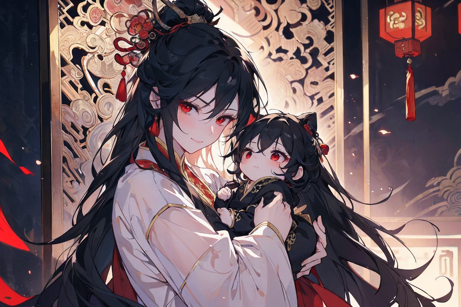 (extremely detailed 8K wallpaper),(ultra-detailed),(best quality),(masterpiece),(highly detailed),(cinematic lighting),(Original),Cold ligh,moody,(Chinese elaborate-style painting ),ink style, black hair, red eyes, sweet smile, sad face, holding her little baby