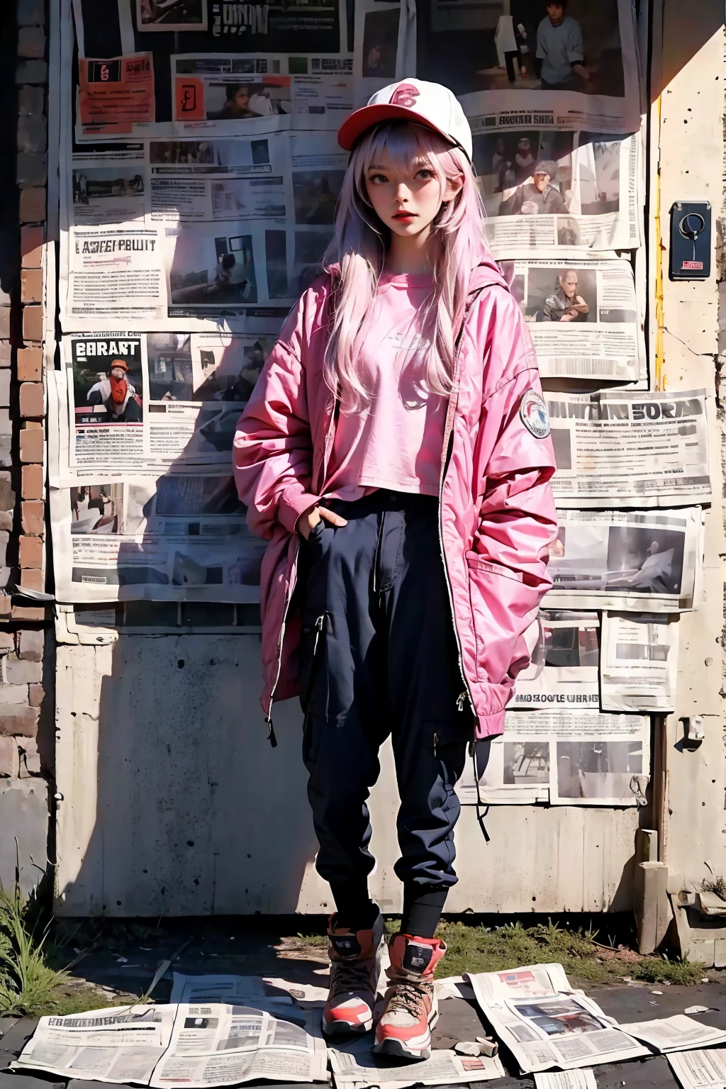 1girl, long pink hair, baseball cap, bangs, outdoor parka, cargo pants, hiking boots, brown eyes, standing, morning light, newspaper, newspaper wall, (masterpiece, best quality, extremely detailed, high quality)