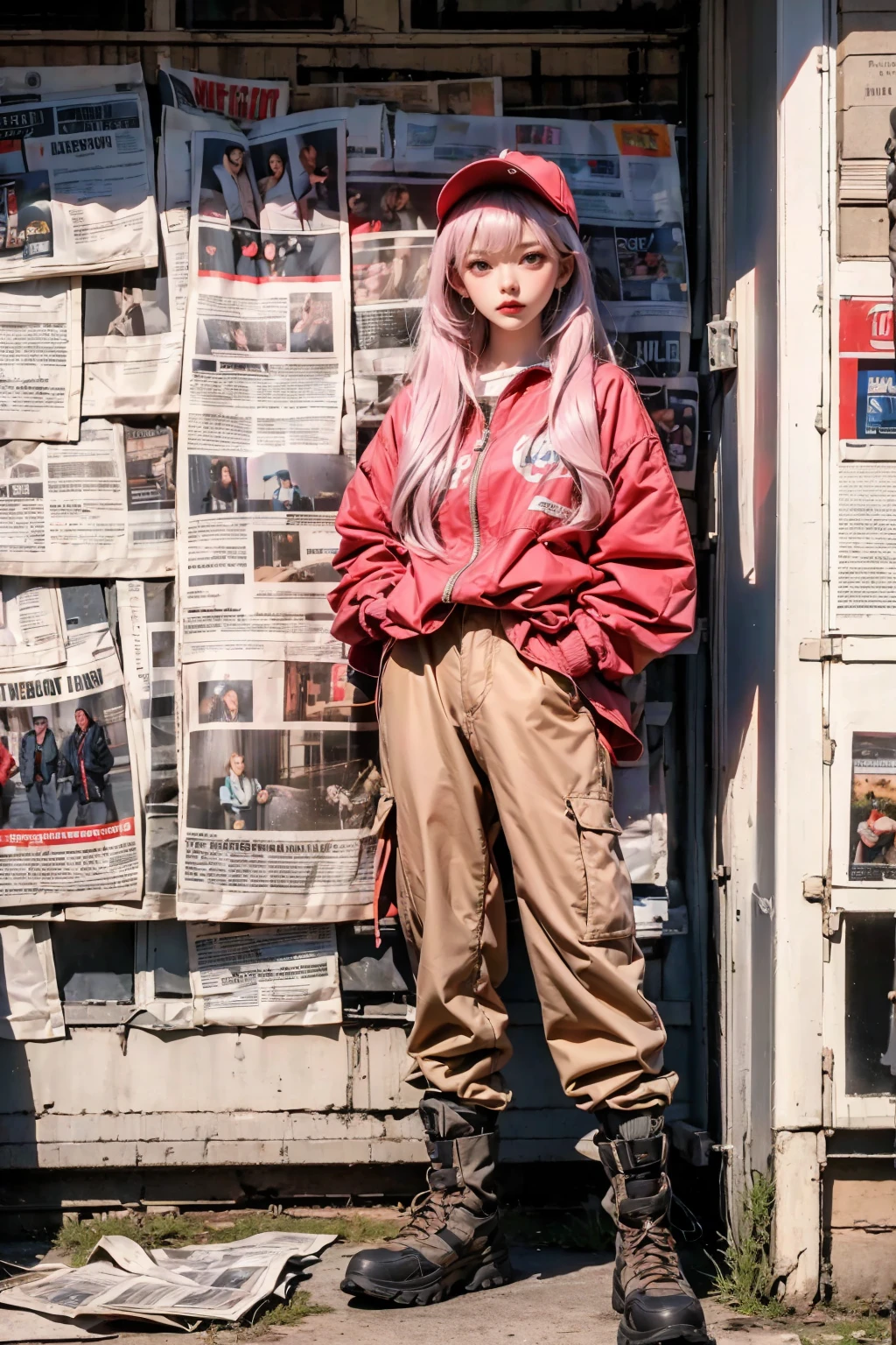 1girl, long pink hair, baseball cap, bangs, outdoor parka, cargo pants, hiking boots, brown eyes, standing, morning light, newspaper, newspaper wall, (masterpiece, best quality, extremely detailed, high quality)