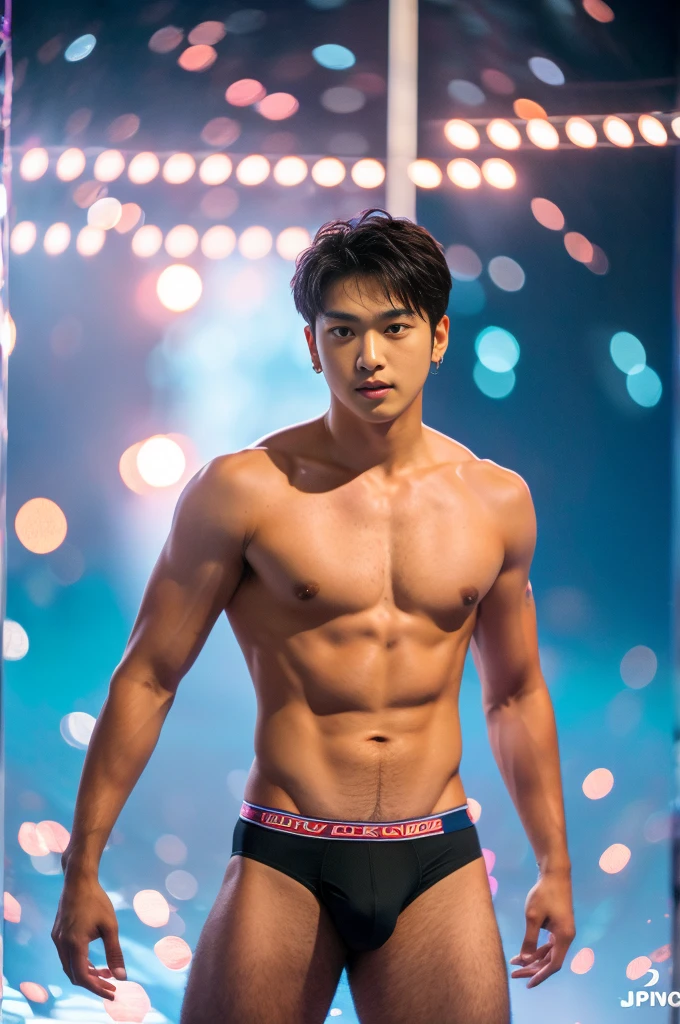 (8k, RAW Photos, Highest quality) masterpiece, 1 teenager, 18-year-old, Asian Muscular Man Watching the Viewer, Stand in front, Exposing his huge muscular chest, Puffy nipples, Sexy Six Pack, Tight waist, good looking, topless, A man wearing thong underwear ,  Gradient Background, Shine & Sequin Backdrops , Cinema Lighting, Ultra-high resolution , KPOP idol