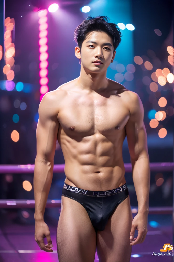 (8k, RAW Photos, Highest quality) masterpiece, 1 ager, 18-year-old, Asian Muscular Man Watching the Viewer, Stand in front, Exposing his huge muscular chest, Puffy nipples, Sexy Six Pack, Tight waist, good looking, topless, A man wearing thong underwear , Gradient Background, Shine & Sequin Backdrops , Cinema Lighting, Ultra-high resolution , KPOP idol