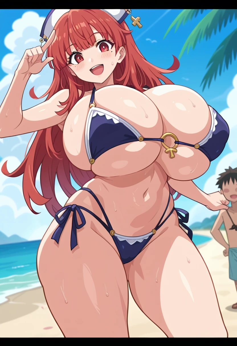((anime screencap:1.5)),prier,1girl,red eyes,red hair,long hair,mole under eye,thick thighs,gigantic breasts,(bikini:1.5),beach,happy smile,enjoy,sweat