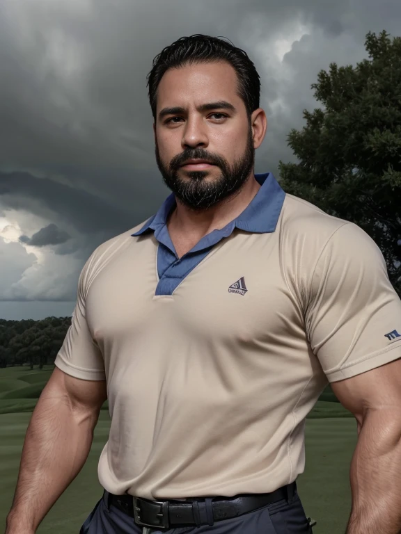 Masterpiece, Best Quality, High resolution, close-up portrait, (1 chico:1.4) A man in golf clothing, muscular, (with shirt: 1.2) male focus, focus alone, tanned skin, 38-year-old man in golf course., muscular, strong, furry, masculine, (shirtless: 1.2), in the background a farm, in a storm, amazing composition, front view, HDR, volumetric lighting, (plano general, FROM THE FRONT:1.2) (GS-Macho :1.5) (magnificent landscape:1.2), macho, thick forearms, thick arms, huge thighs, charming smile, winking