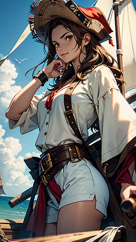 1 female, medium length brown hair, hazel eyes, wearing pirate outfit, at the helm of a pirate ship, wearing straw hat with red band