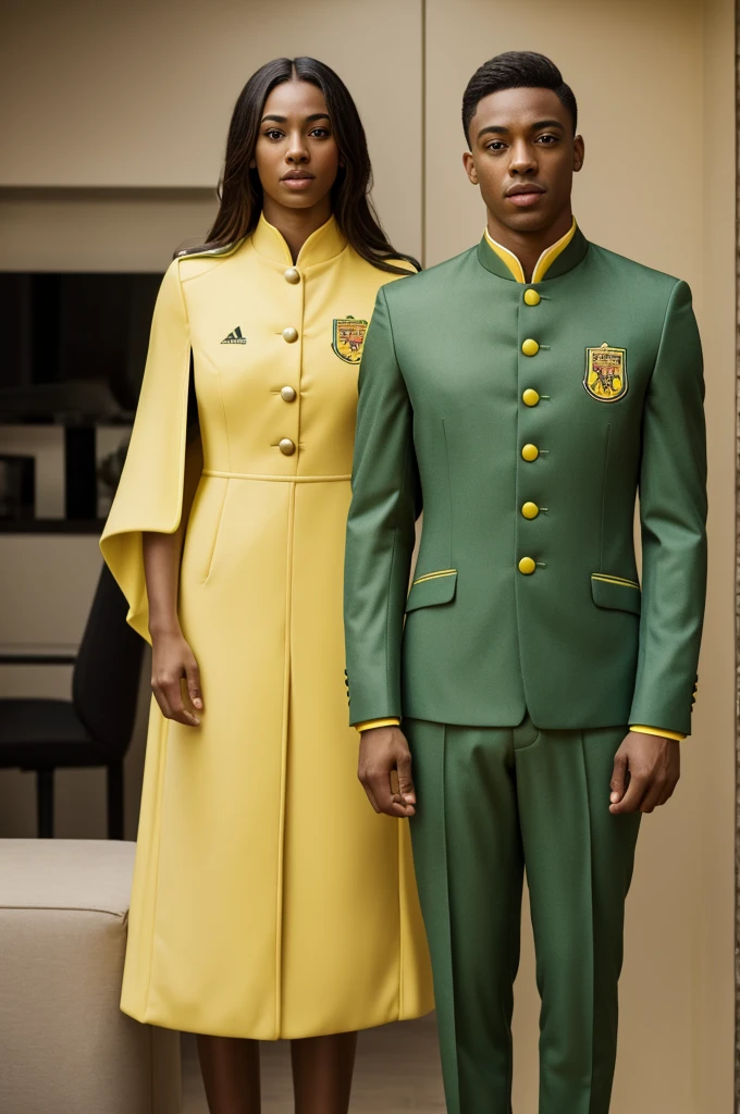 martial band suit, green and yellow with the cape buttoned to the sleeves and with a canary logo on the chest and with letters that say Los Canarios