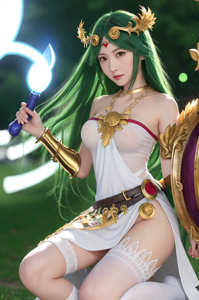 Erotic、Palutena Palutena / Hikari Shinwa Palutena no Kagami (Kid Icarus)masterpiece, Highest quality, High resolution, hmpa1, pink, Parted bangs, tiara, Big Tits, necklace, Exposing shoulders, Strapless Dress, Arm guard, belt, White Dress, White knee socks, Single knee socks, Outdoor, holding staff, staff, Hold a shield,Erotic、Alluring