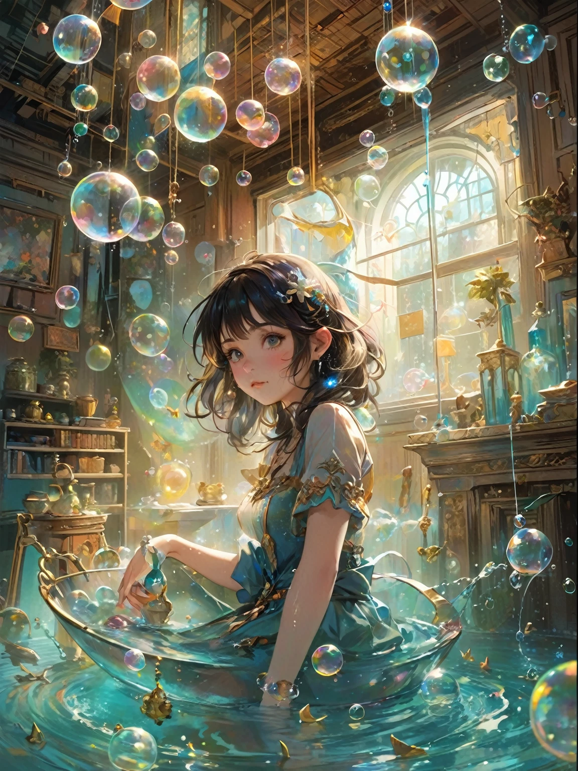 An anime girl in a blue dress、Sitting in a room with bubbles floating around, Anime fantasy illustration, Fantasy art style, artstation pixivでトレンド, Gweiz-style artwork, Beautiful artwork illustration, Anime fantasy artwork, A close-up fantasy using the magic of water, Artgerm Julie Bell Beeple, guweiz on pixiv artstation