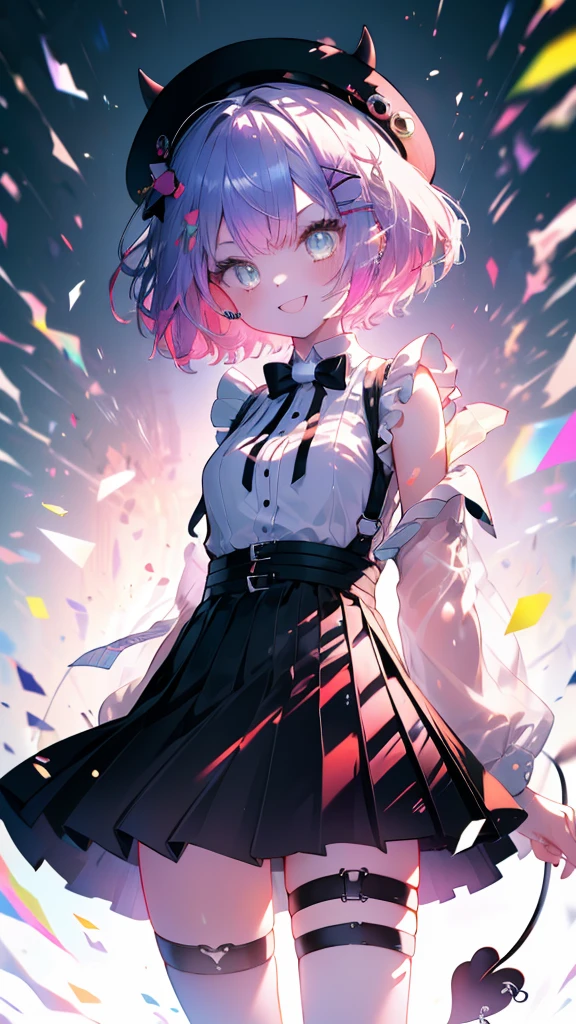 (Ultra-high resolution,masterpiece, Attention to detail, Highest quality), 8k,(bbtowa, short hair, black headwear, beret, fake horns, hair ornament, piercing, demon tail, black bowtie, white shirt, sleeveless, black skirt, suspender skirt, thigh strap),(Blessed,Captivating body、Ultra-detailed skin、Super beautiful eyes、Detailed Background),One girl、 (cheerful ,enjoy :1.5),