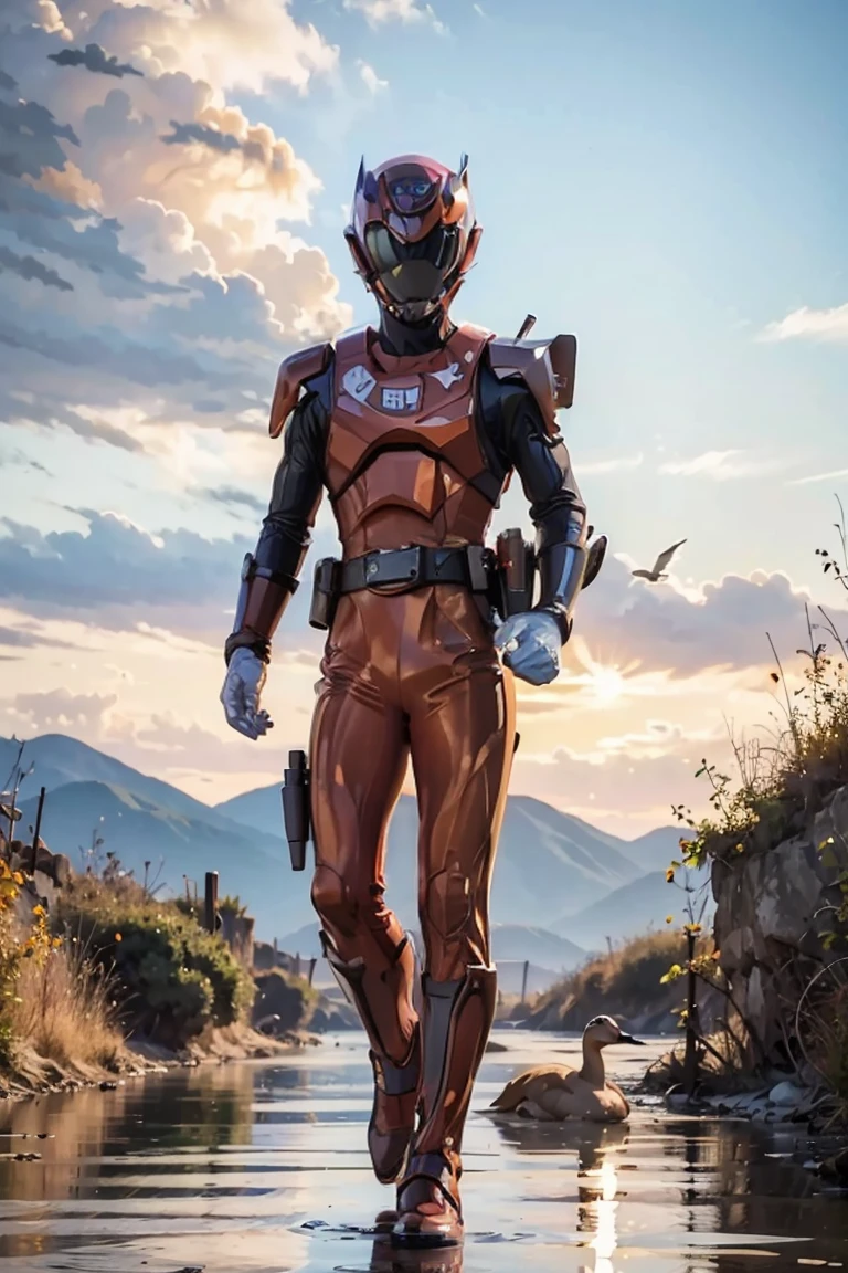 The sunset flies with the lonely geese in the distance, and the autumn river water and the vast sky are connected, icons,1boy, full body, Illustration, cinematic light, high resolution, best quality, ultra detailed, masterpiece, power suit, powerranger, suit, spd, (silver ranger suit), gold detail, shoulder cloak,