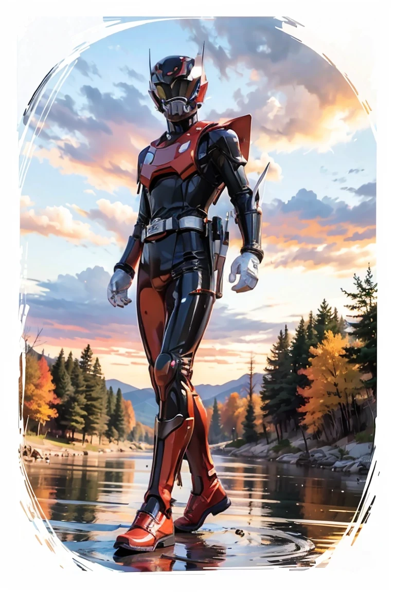 The sunset flies with the lonely geese in the distance, and the autumn river water and the vast sky are connected, icons,1boy, full body, Illustration, cinematic light, high resolution, best quality, ultra detailed, masterpiece, power suit, powerranger, suit, spd, (silver ranger suit), gold detail, shoulder cloak,