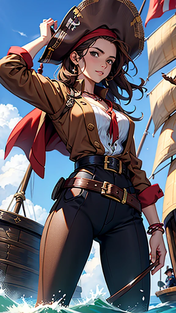 1 female, medium length brown hair, hazel eyes, wearing pirate outfit, at the helm of a pirate ship, wearing straw hat with red band