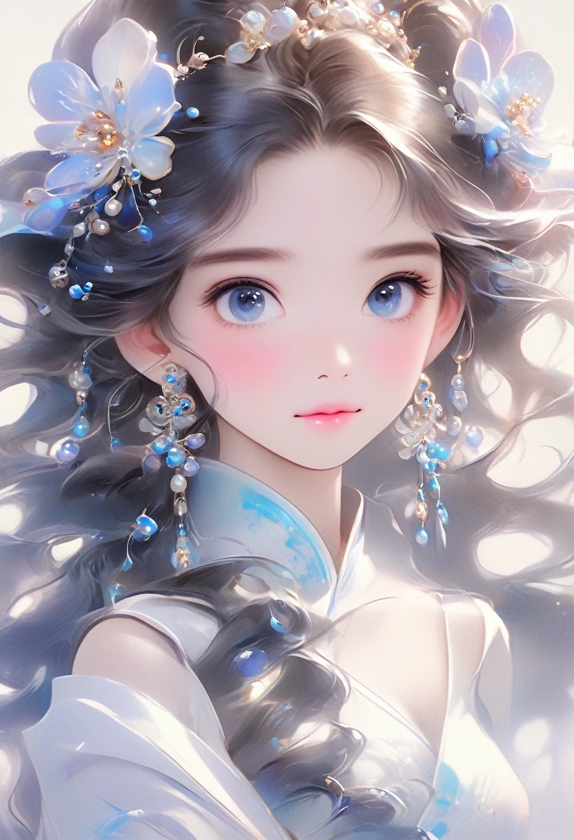 Chinese Girl, Sweet and charming girl, big eyes, illustration, Long hair, braid, Fluffy hair, front, Film Angle, Reflective hair, 水汪汪的big eyes, Watching you, Facial details, facial Key Points, masterpiece, best quality, Extremely refined, Dynamic Angle, Intricate details, Beautiful and delicate eyes, Delicate face, Exquisite and clear facial features, Gentle lips, real, charming, Key Points, Clear lines, 8k high resolution, nice, Smile, Wearing a white dress, Stylish and beautiful, Depth of Field