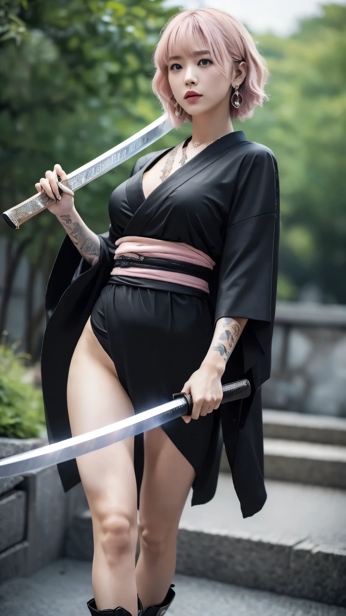 Beautiful Chinese woman, (), cute face, red lips, white moist skin, moles, (under-eye bags),
BREAK,
Feminine body with high athletic ability, Body of a female fitness model, Feminine body with hard tones, (Muscles: 1.2), (Beautiful belly button),
BREAK,
Fighter, Kung Fu fighter, Idol, (Yakuza), (Yakuza),
BREAK,
(Wearing a cute black kimono: 1.3), (Kimono with a lot of exposure), (Stiletto heels, long boots 1.3), necklace, very large earrings, short length,
BREAK,
Short hair, (Short bob hair), (Bangs: 1.2), (Pink hair: 1.3), (Wavy hair),
BREAK,
(Very large Japanese sword: 1.4), (Holding the handle of a Japanese sword: 1.3), (Fighting: 1.2), (Getting into a fighting stance), (Beautiful blade of a Japanese sword: 1.2)
BREAK,
(Japanese tattoo: 1.4),
BREAK,
Masterpiece, Perfect lighting, Ultra high resolution, 8K, (Very detailed: 1.4), (From the front), Looking at the camera, Melancholic expression,
BREAK,
(Tokyo city, lots of people in the background: 1.2), City background in Shibuya, Tokyo, Japan,