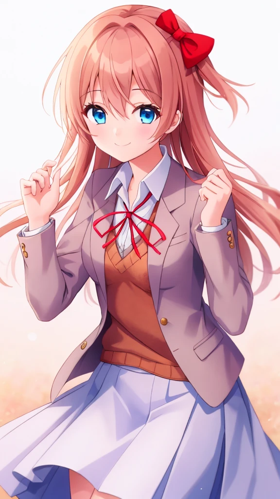 One Girl, sayori, dlc, School Blazer, Hair Ribbon, Close to girls, Too kind, blue eyes, She is always smiling, whole body