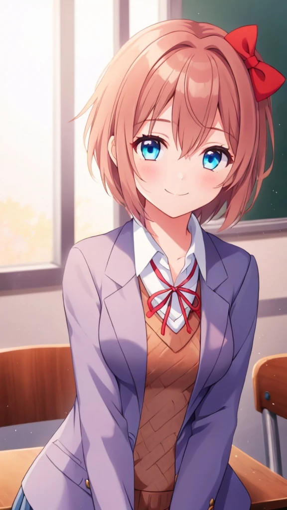 One Girl, sayori, dlc, School Blazer, Hair Ribbon, Close to girls, Too kind, blue eyes, She is always smiling, whole body