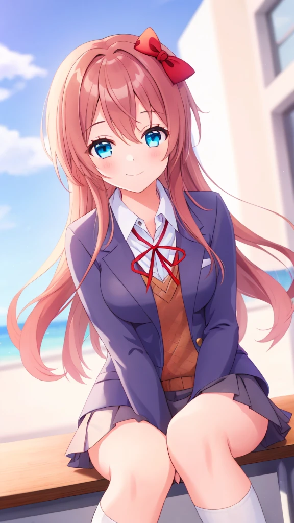 One Girl, sayori, dlc, School Blazer, Hair Ribbon, Close to girls, Too kind, blue eyes, She is always smiling, whole body