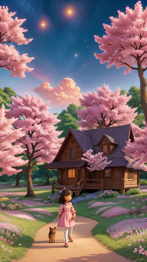 flowers are blooming in a field near a stream at sunset, marc adamus, landscapes: the joy of life, floral sunset, warm beautiful scene, fields of flowers, peaceful landscape, beautifully lit landscape, stream of love and happiness, vast lush valley flowers, field of fantasy flowers, beautiful flowing feeling, stunning landscape, amazing landscape, beautiful scene, beautiful settingCapture an exquisite image of a Muslim girl strolling through a cherry blossom forest with her cat, passing by a quaint home, under a starry sky. The photograph should be in high resolution, showcasing vibrant pink tones and abundant floral details. Highlight the full bloom of cherry blossoms, the girl in traditional clothing, her companion cat, the cozy home with rich saturation, and the dreamy starlit sky. Emphasize the enchanting and magical atmosphere created by the pink hues in the scene.A high quality professional photo of a Muslim girl walking with her cat on the cherry blossom forest, a small home saturated on the way, sky full with stars. The scene to be captured in high resolution, featuring a pestle and abundant pink color graphics. Include details such as the blossoms in full bloom, the girl in traditional attire, the cat walking alongside, the cozy small home with vibrant saturation, and a dreamy starlit sky above. The emphasis should be on the pink hues adding a magical and enchanting touch to the image.