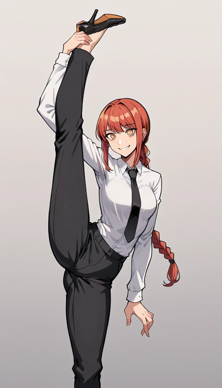 makima, braided ponytail, orange eyes, ringed eyes, collared shirt, black necktie, black pants, smile, One girl, standing_split