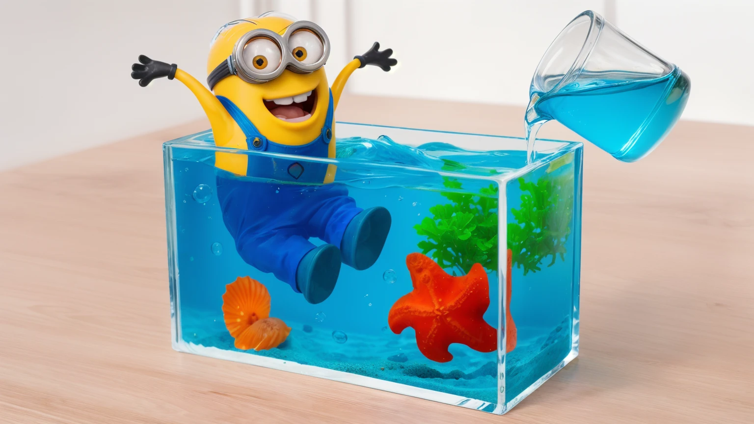 on a wooden table, there is a glass aquarium with blue water, a minion sitting in an aquarium, plastic red starfish in the aquarium, orange plastic shell and plastic green algae . water is poured from a measuring cup into an aquarium, against the background of the kitchen .beautiful lighting, Beautiful sunlight, realistic style , realistic texture, detailed texture, a high resolution, high quality, ultra hd 4k 