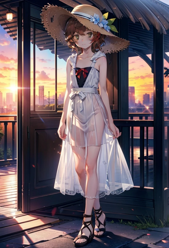 Lililukarde, Liliruka gets burned, , (Brown eyes:1.7), Brown Hair, (Flat Chest:1.2), Straw hat short hair,White sleeveless dress,Long skirt,Heeled Sandals,Walking,sunset,evening,The sun is setting,whole bodyがイラストに入るように,
break looking at viewer,whole body,
break outdoors, Building district,
break (masterpiece:1.2), Highest quality, High resolution, unity 8k wallpaper, (figure:0.8), (Beautiful attention to detail:1.6), Highly detailed face, Perfect lighting, Highly detailed CG, (Perfect hands, Perfect ???????),