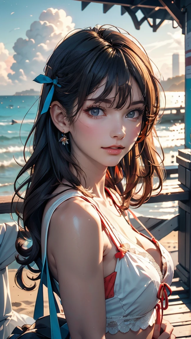 masterpiece,((Clear lines)),  Limited edition palette,Highest quality, Flat Color, Low contrast, ((One girl)),(((Very delicate and beautiful girl))),(Beautifully detailed face),(Beautiful attention to detail),{Long Hair},hair ornaments,((Middle chest)),Long black hair,Hair Ribbon, , Are standing,((View your viewers:1.6)), View from below,Beautifully detailed skies,Bright sky,Cloudy,sunlight, (Detailed Light),Lighting,colorful,Ocean,Beach, bridge,The way to school,Skyscraper, autumn, mist