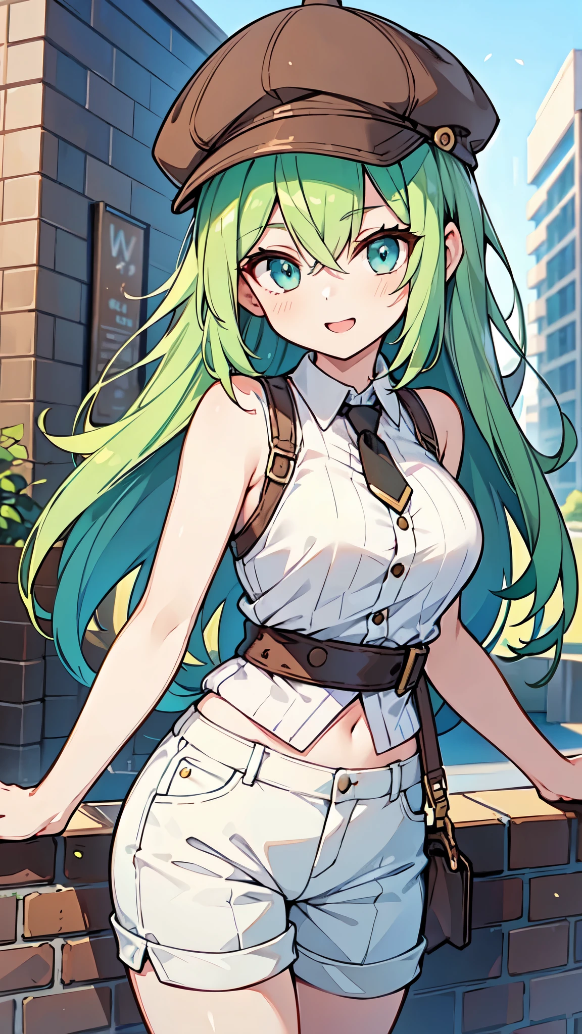 ((A Pretty girl with green hair and blue eyes)), ((wearing the white tanktop and hot pants)), ((with a brown colored newsboy cap:1.2)), Baby face, ((top-quality, master piece, ultra-definition, high resolution)), anime girl, ((ultra-detailed illust:1.2)), only one person, bangs, hair between eye, beautiful hair, Beautiful eyes, medium breast, Big smile, cityscape