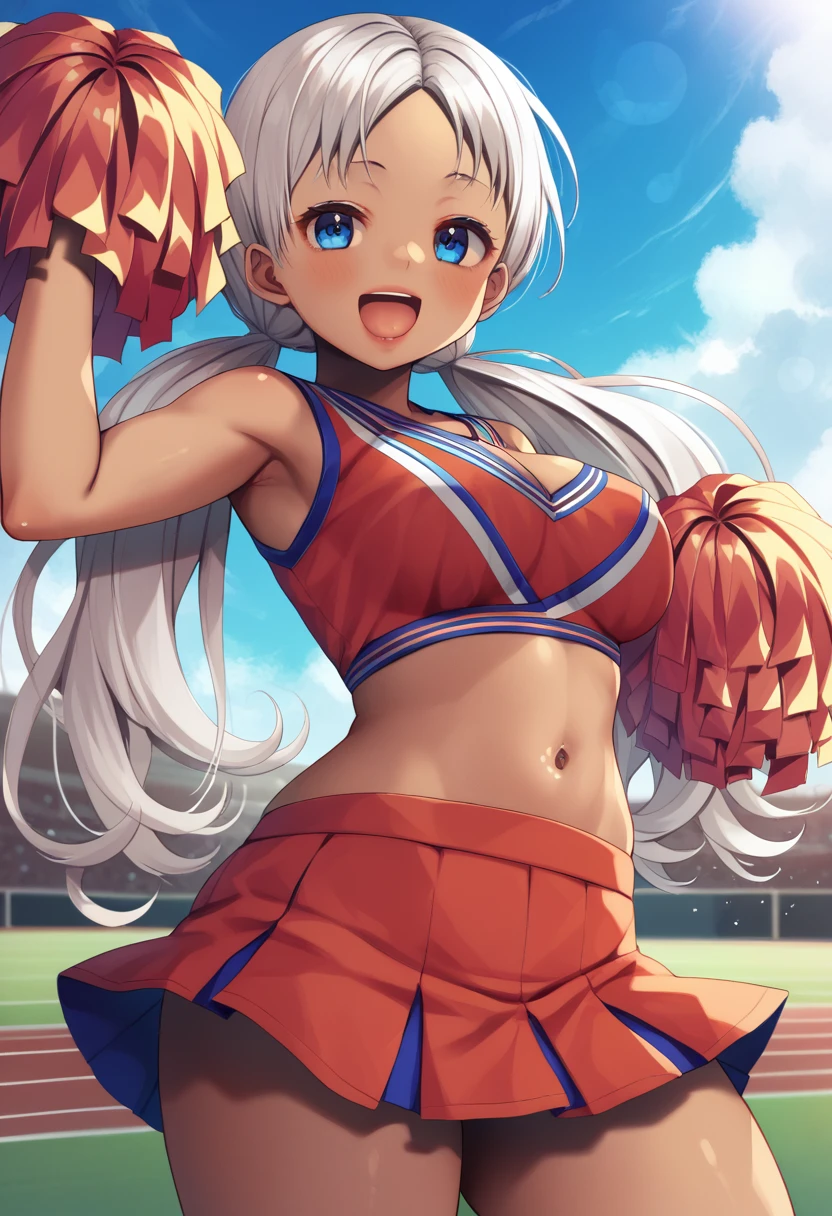 Score_9, BREAK, 1girl, white hair, curly hair, parted bangs, dark skinned girl, very dark skin girl, long hair, low twintails, bare forehead, blue eyes, puffy lips, breasts, thighs, young girl, red cheerleader outfit, midriff, skirt, sports field, blue sky, smile, open mouth, shiny skin, (cowboy shot), body upclose, standing