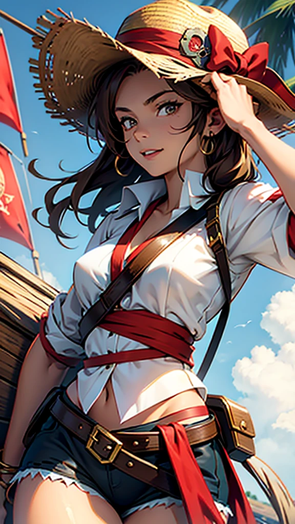 1 female, medium length brown hair, hazel eyes, wearing pirate outfit, at the helm of a pirate ship, wearing straw hat with red band, wearing straw hat