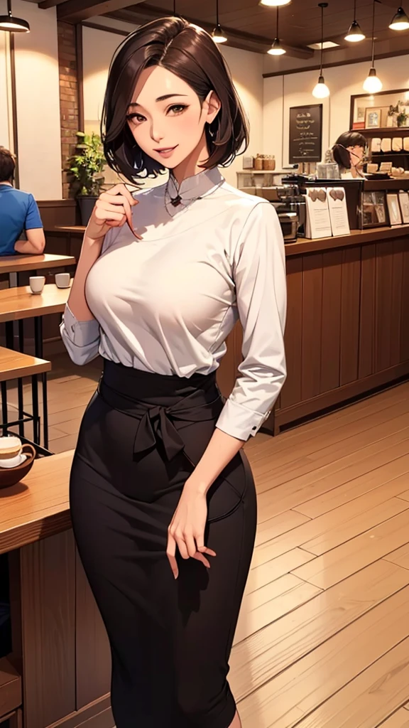 Asian woman holding a cup of coffee in dress, mysterious coffee shop girl, Open shirt, in a coffee shop, At the counter, photorealistic perfect body, wearing shirt, intriguing outfit, hyperrealistic full figure, Surrealism female students, trending at cgstation, breasts covered and sfw, Surrealism female students, Tight shirt, Japanese model
