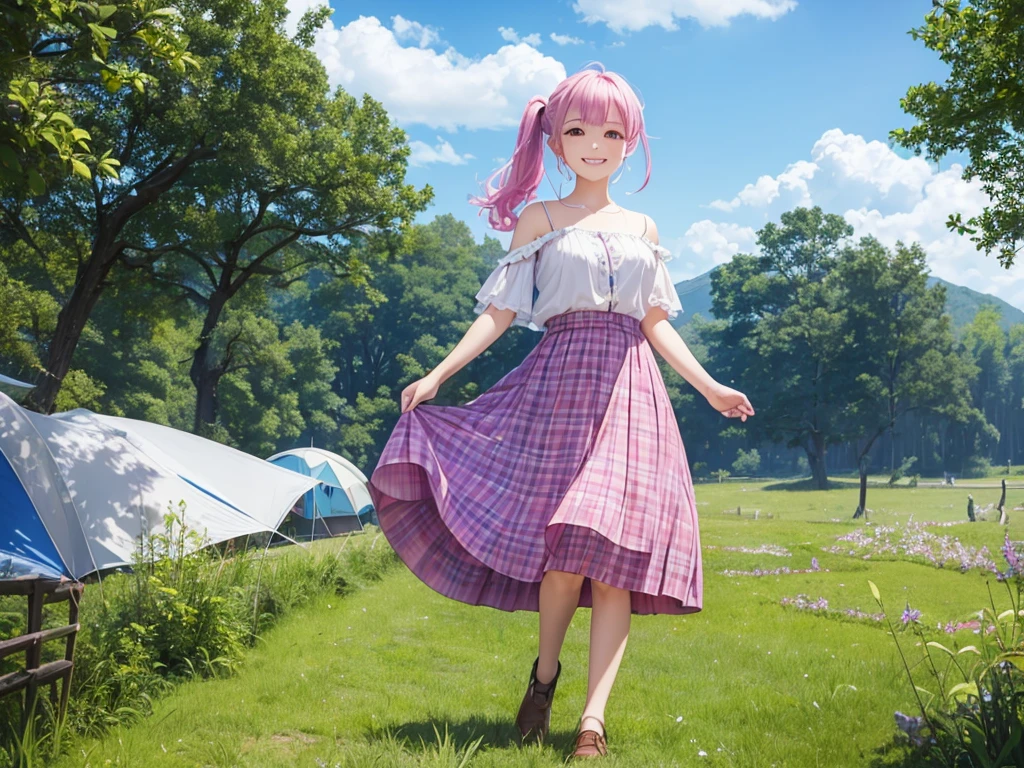 Full Body Shot、Oil、masterpiece、Highest quality、High resolution、Pink Hair、Side ponytail hair、Chiffon skirt、Long skirt、camp、grassland、tent、blue sky、Off-the-shoulder shirt、Checkered clothing、university student、smile、Cowboy Shot