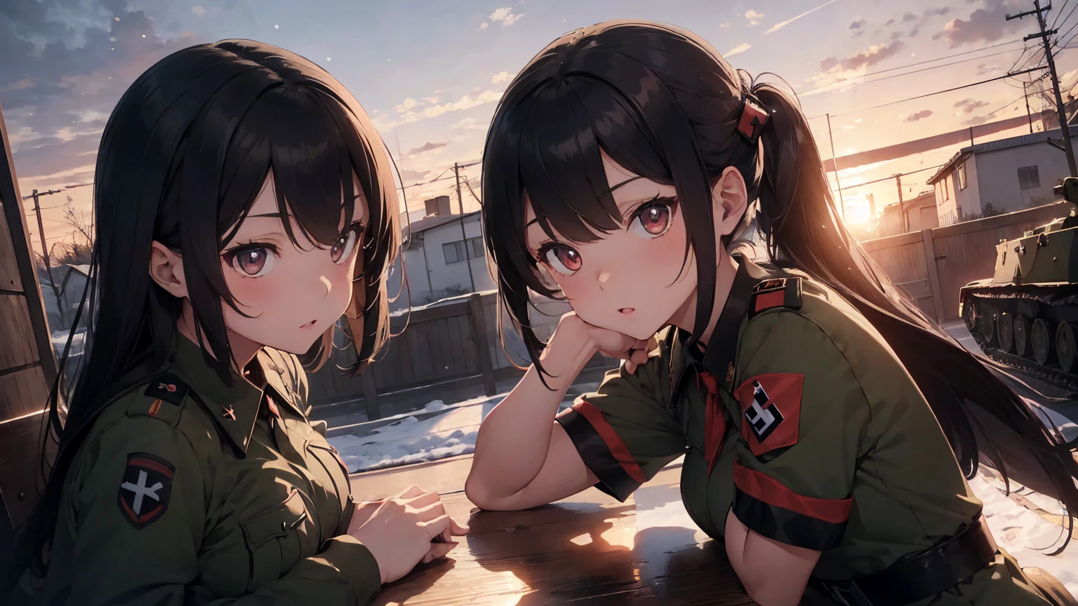 Nazi Gestapo uniform, female lesbian kawaii sisters kissing passionately with T-54 military tank. wearing Luftwaffe uniforms. 8k. masterpiece. best quality. best artwork. lingerie. Swastika insignia red armband. bare breasts. sunset. snowing