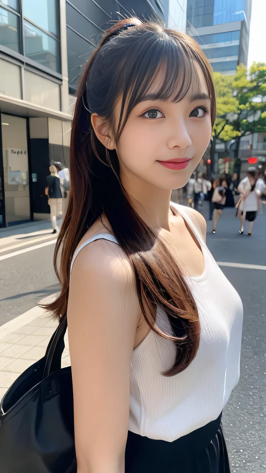 Tabletop, Highest quality, figure, Very detailed, In detail, High resolution, 8k wallpaper, Perfect dynamic composition, Beautiful attention to detail, Casual clothing、ponytail,Center of chest, Natural color lip, Bold sexy pose,smile,Harajuku、20-year-old girl、beauty department、sexy shot looking at camera、Tokyo