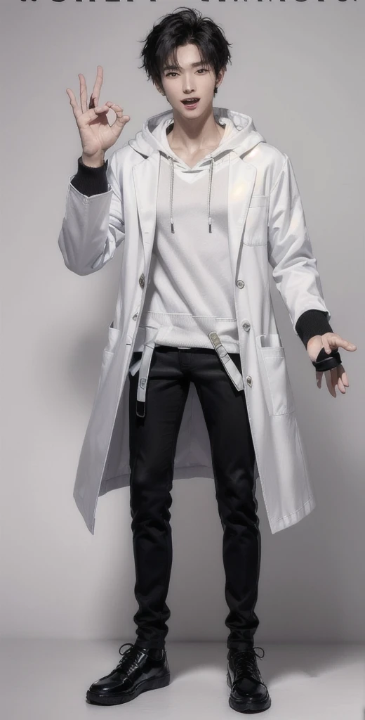 (OK Sign.:1.7),(photorealistic:1.2), (high detail face:1.3), (high detail hands:1.3), (anatomically correct hands:1.2), handsome young asian man, Japanese idol style, short clean-cut hair, ((center part)), (crisp white lab coat:1.3), ((black hoodie underneath:1.2)), (black pants:1.2), (black shoes:1.2), (enthusiastic expression:1.3), ((explain pose:1.4)), (both arms raised:1.3), (clenched fists:1.3), (energetic stance:1.2), plain white background, mid-shot portrait, full body view, high quality, detailed, 8K, (realistic skin texture:1.2), (sharp focus:1.1), (contrast between white coat and black clothing:1.2)