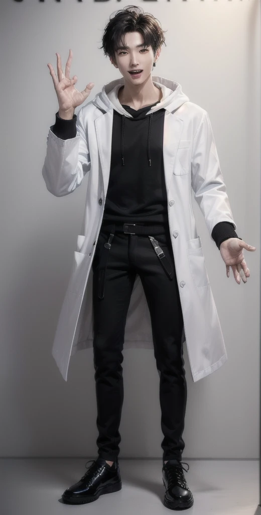 (OK Sign.:1.7),(photorealistic:1.2), (high detail face:1.3), (high detail hands:1.3), (anatomically correct hands:1.2), handsome young asian man, Japanese idol style, short clean-cut hair, ((center part)), (crisp white lab coat:1.3), ((black hoodie underneath:1.2)), (black pants:1.2), (black shoes:1.2), (enthusiastic expression:1.3), ((explain pose:1.4)), (both arms raised:1.3), (clenched fists:1.3), (energetic stance:1.2), plain white background, mid-shot portrait, full body view, high quality, detailed, 8K, (realistic skin texture:1.2), (sharp focus:1.1), (contrast between white coat and black clothing:1.2)