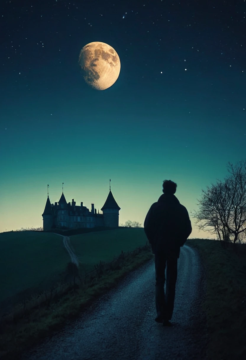 une silhouette d'un homme debout de dos sur route la nuit , chaque côté des maison en vois, un chateau au loin sur un colline , pleine lune , néon, colorfull , vitage rendu, grain de film