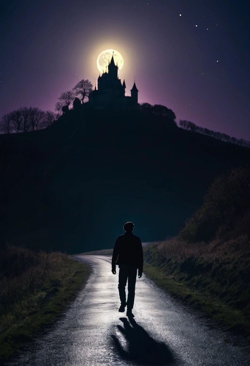 une silhouette d'un homme debout de dos sur route la nuit , chaque côté des maison en vois, un chateau au loin sur un colline , pleine lune , néon, colorfull , vitage rendu, grain de film