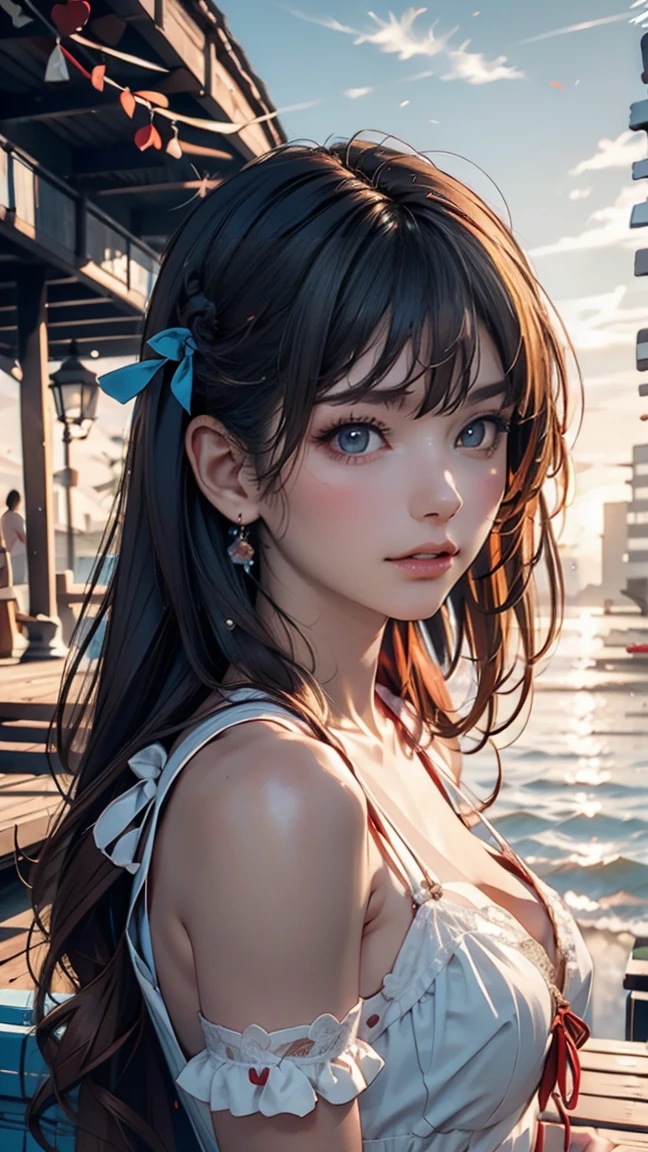 masterpiece,((Clear lines)), Limited edition palette,Highest quality, Flat Color, Low contrast, ((One girl)),(((Very delicate and beautiful girl))),(Beautifully detailed face),(Beautiful attention to detail),{Long Hair},hair ornaments,((Middle chest)),Long black hair,Hair Ribbon, , Are standing,((View your viewers:1.6)), View from below,Beautifully detailed skies,Bright sky,Cloudy,sunlight, (Detailed Light),Lighting,colorful,Ocean,Beach, bridge,The way to school,Skyscraper, autumn, mist