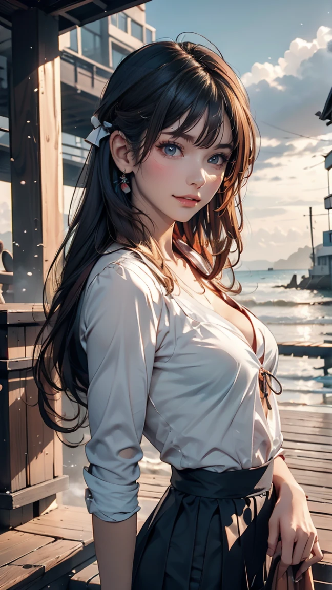 masterpiece,((Clear lines)), Limited edition palette,Highest quality, Flat Color, Low contrast, ((One girl)),(((Very delicate and beautiful girl))),(Beautifully detailed face),(Beautiful attention to detail),{Long Hair},hair ornaments,((Middle chest)),Long black hair,Hair Ribbon, , Are standing,((View your viewers:1.6)), View from below,Beautifully detailed skies,Bright sky,Cloudy,sunlight, (Detailed Light),Lighting,colorful,Ocean,Beach, bridge,The way to school,Skyscraper, autumn, mist