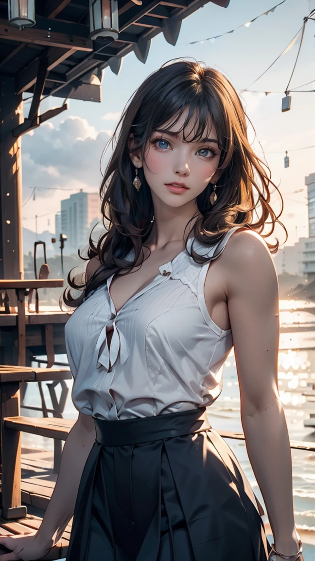 masterpiece,((Clear lines)), Limited edition palette,Highest quality, Flat Color, Low contrast, ((One girl)),(((Very delicate and beautiful girl))),(Beautifully detailed face),(Beautiful attention to detail),{Long Hair},hair ornaments,((Middle chest)),Long black hair,Hair Ribbon, , Are standing,((View your viewers:1.6)), View from below,Beautifully detailed skies,Bright sky,Cloudy,sunlight, (Detailed Light),Lighting,colorful,Ocean,Beach, bridge,The way to school,Skyscraper, autumn, mist