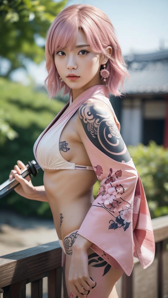 (Highest quality:1.2),32k HDR,High resolution,Perfect Anatomy,Wet and shiny white skin,Sweat dripping down my body,Slender model figure,Ahegao,Silver and pink hair,soaked through,Super small face,Collar and leash,Alley,Edo Town,photo shoot,Maid,((Japanese sword)),tattoo,((whole bodyにタトゥー)),(Arms covered in tattoos),(whole bodyをA body covered in tattoos), (A body covered in tattoos),((Collar with leash)),(Lockに繋がれた少女),Women in ecstasy,climax,Acme,Detailed skin texture, Detailed face, Fine grain,((whole body)),((艶やかなkimono)),(((nightの町))),((darkness)),((頭からfootまで)),((Lock帷子)),(((Lock))),(foot),(((Wrapped in a cloth))),((Thick-soled boots)),((大きなJapanese swordを構える)),(((Japanese swordを構える)),((kimono)),((Are standing)),((Wrap a cloth around your chest)),(((巨大なJapanese sword))),((Wear a black belt around your waist)),((花柄のkimono)),((Thin fabric)),((身長と同じくらいの大きさのJapanese swordを振りかぶる)),((night)),((Dim light)),((Glaring at the camera)),((Bold pose)),