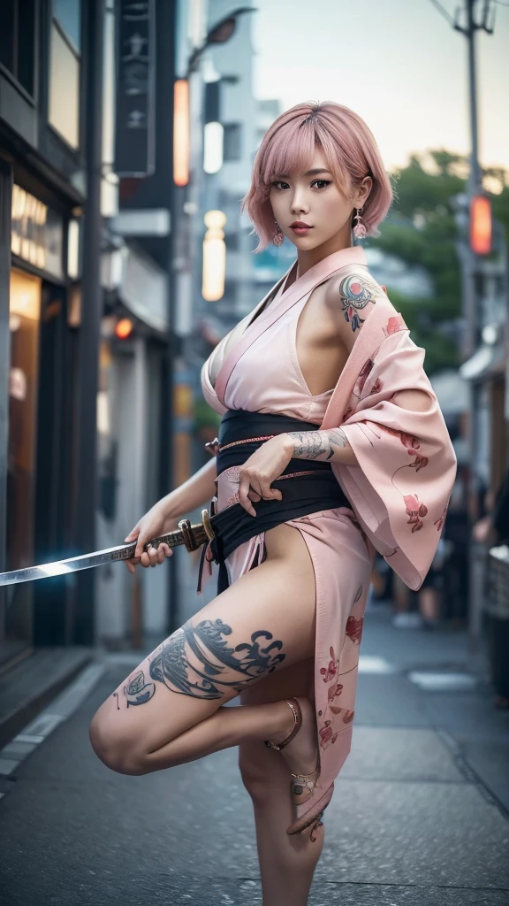 Beautiful Chinese woman, (16 years old), cute face, red lips, white moisturized skin, moles, (under-eye bags),
BREAK,
Feminine body with high athletic ability, Body of a female fitness model, Feminine body with hard tones, (Muscles: 1.2), (Beautiful belly button),
BREAK,
Fighter, Kung Fu fighter, Idol, (Yakuza), (Yakuza),
BREAK,
(Wearing a cute kimono: 1.3), (Kimono with a high degree of exposure), (Stiletto heels, long boots 1.3), necklace, very large earrings, short length,
BREAK,
Short hair, (Short bob hair), (Bangs: 1.2), (Pink hair: 1.3), (Wavy hair),
BREAK,
(Very large Japanese sword: 1.4), (Holding the handle of a Japanese sword: 1.3), (Fighting: 1.2), (Getting into a fighting stance), (Beautiful blade of a Japanese sword: 1.2)
BREAK,
(Japanese tattoo: 1.4),
BREAK,
Masterpiece, Perfect lighting, Ultra high resolution, 8K, (Very detailed: 1.4), (From the front), Looking at the camera, Melancholic expression,
BREAK,
(Tokyo city, lots of people in the background: 1.2), City background in Shibuya, Tokyo, Japan,