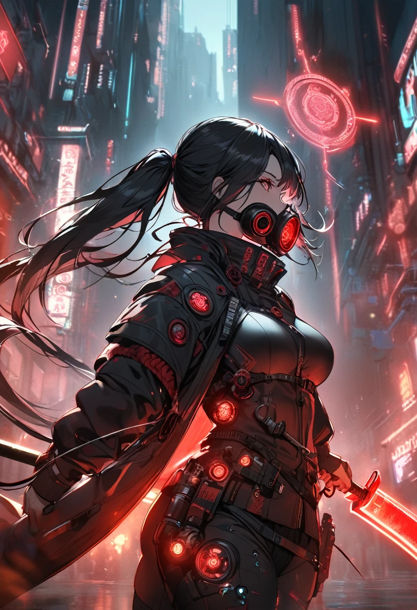 A woman,matured, perfect anatomy, cyberpunk gas mask,long pony tail hair(black hair),red aura,red magic circle,long samurai sword, cinematic lighting, cinematic angle,