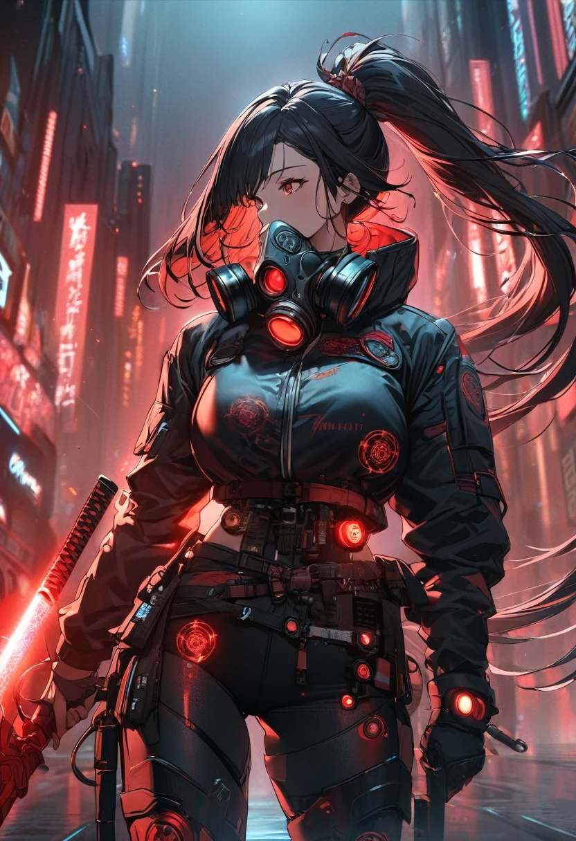 A woman,matured, perfect anatomy, cyberpunk gas mask,long pony tail hair(black hair),red aura,red magic circle,long samurai sword, cinematic lighting, cinematic angle,