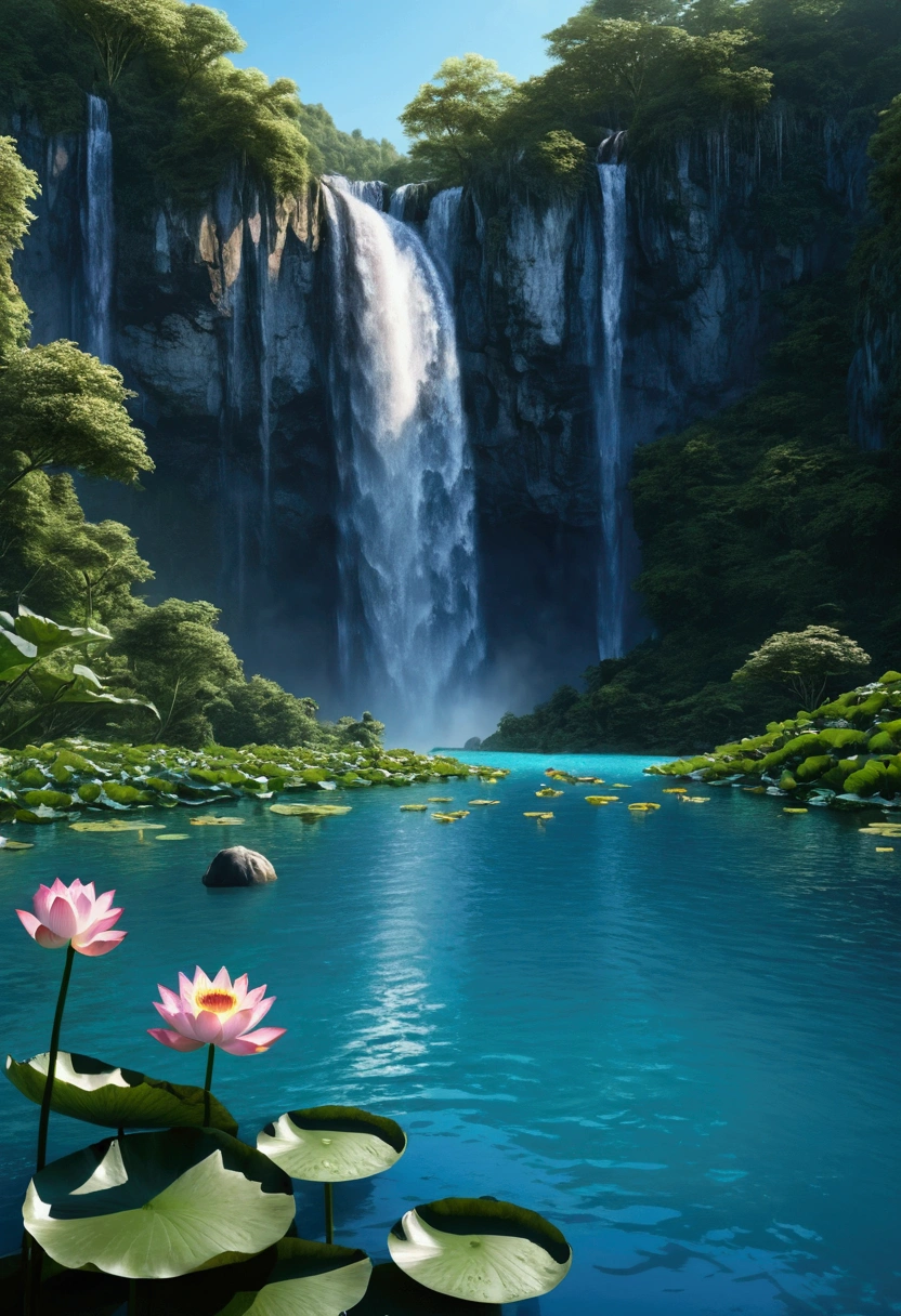 water lotuses bloomed, realistic, accurate
beautiful, bright on blue water, against the backdrop of mountains and a waterfall, 4k