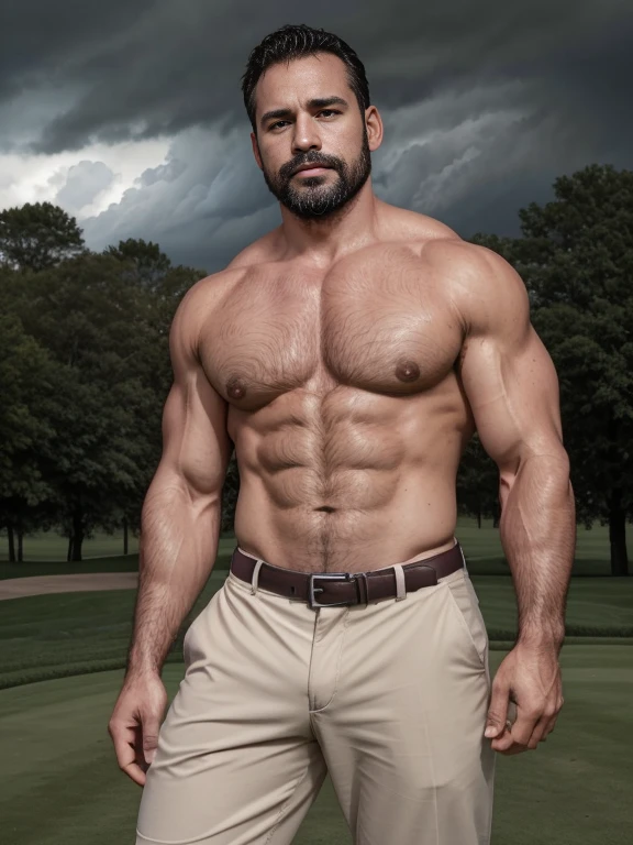 Masterpiece, Best Quality, High resolution, close-up portrait, (1 chico:1.4) A man in golf clothing, muscular, (with shirt: 1.2) male focus, focus alone, tanned skin, 38-year-old man in golf course., muscular, strong, furry, masculine, (shirtless: 1.2), in the background a farm, in a storm, amazing composition, front view, HDR, volumetric lighting, (plano general, FROM THE FRONT:1.2) (GS-Macho :1.5) (magnificent landscape:1.2), macho, thick forearms, thick arms, huge thighs
