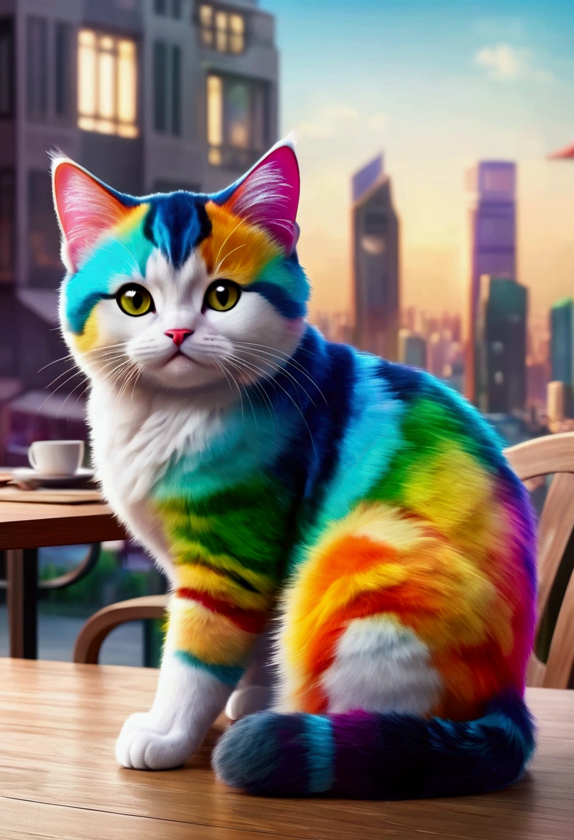 (best quality,4K,8K,high resolution,On the table:1.2),Extremely detailed,Practical,Extremely detailed, Colorful shades,((Giant cat:1.3)),city center,