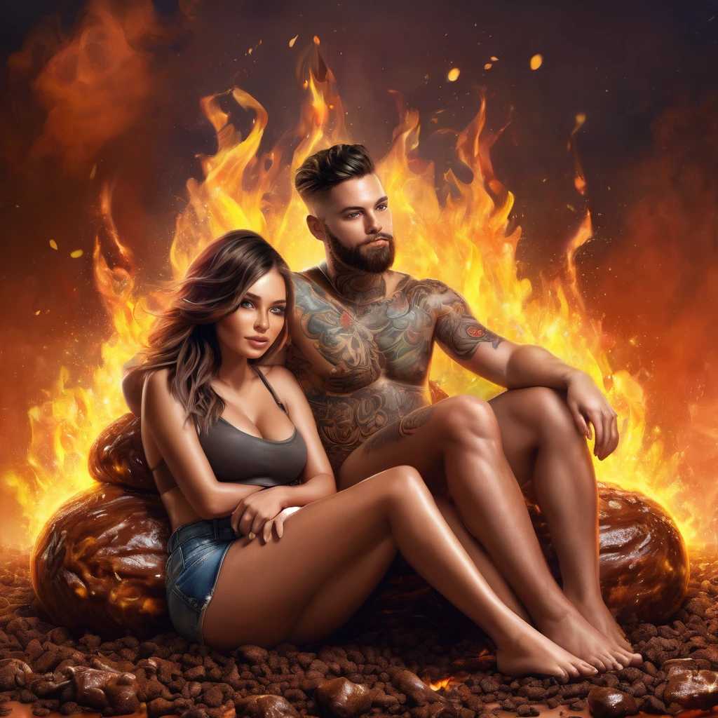 a digital painting of   female and male sit on poop emoji , sexy, fantasy  male  portrait, realistic artwork, fire , great digital art with details, beautiful digital artwork, family art, realistic digital illustration, digital artwork, gorgeous digital art, realistic art style, realistic digital art, detailed digital artwork, photorealistic artstyle, tattooed man, photorealistic art style, realistic digital art 4 k, re
