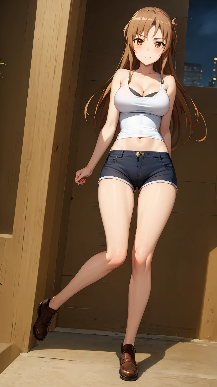 [asuna yuuki, long hair, brown hair, (brown eyes:1.8),], 1girl, anime girl, anime, girl, 2d girl, 16y, (fullbody), seductive smile, blush, cleavage, (((Solo))), Slim, tank top, Big breasts, large Breasts, sfw, cowboy shot, Tight Shorts, low waist shorts, upshorts, outdoors, night background, looking at viewer, darker shadows, (((shorts))), (((absurdres))), (((thigh gap))), cameltoe, (((cameltoe))), (((cleft of venus))), (((lowleg shorts))),